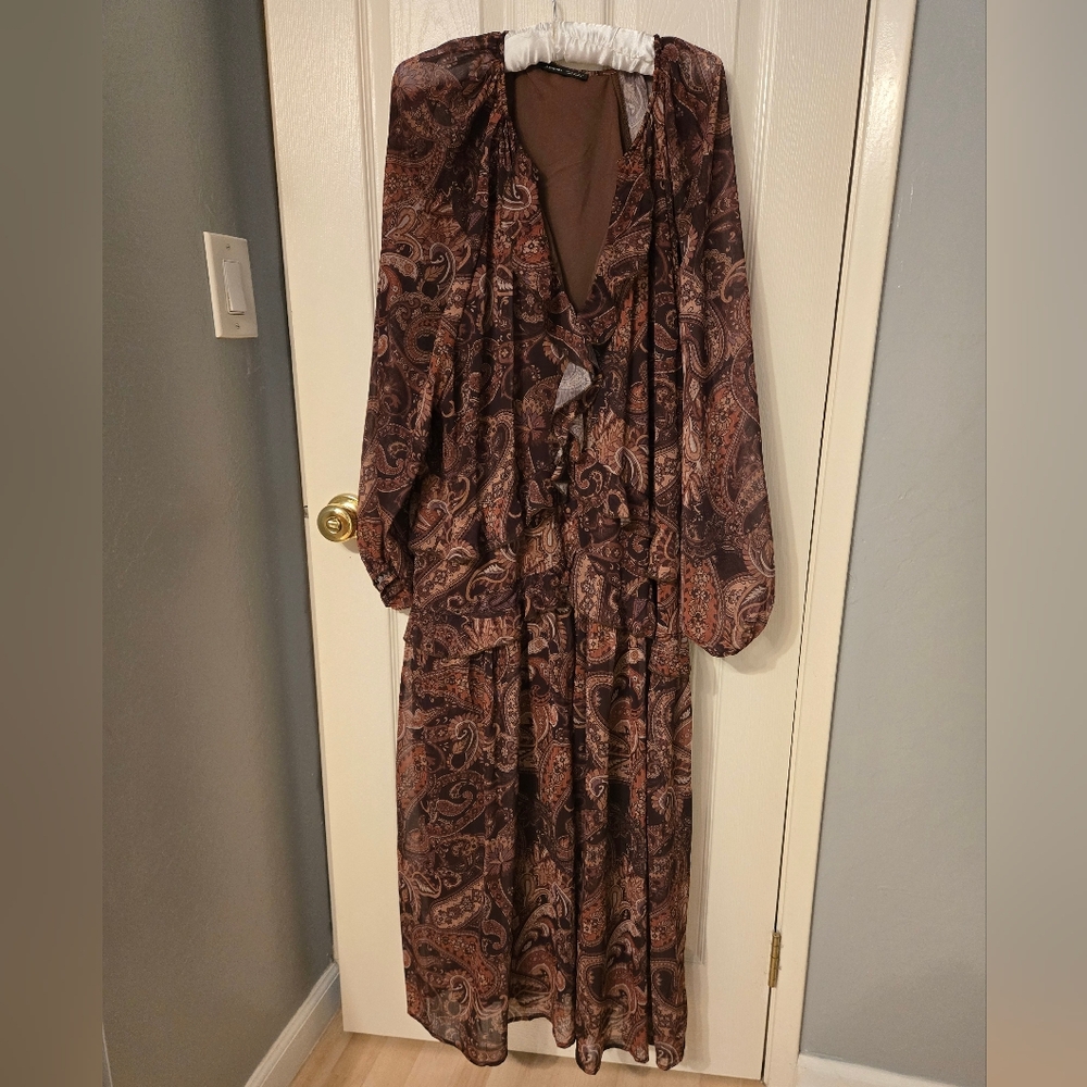 Paisley Print Long Sleeve Maxi Dress in Brown and Rust